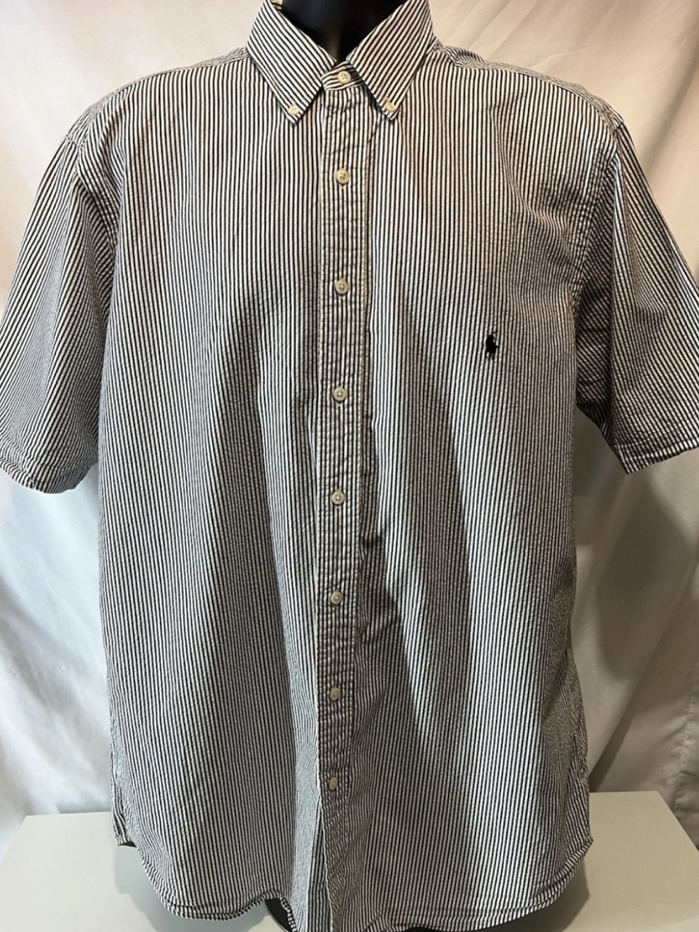 Ralph Lauren Button Down Mens Sz L T Blue Striped Short Sleeve Seersucker Shirt